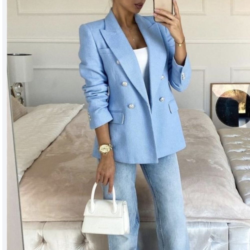 Zara Double Breasted Textured Tweed Blazer Light Blue Size XS